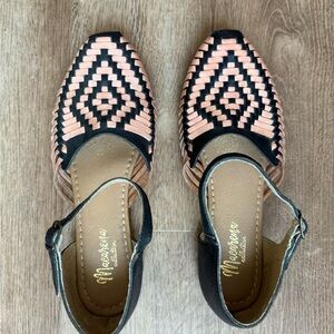 Black and Pink Flats with Strap and Geometric Design
